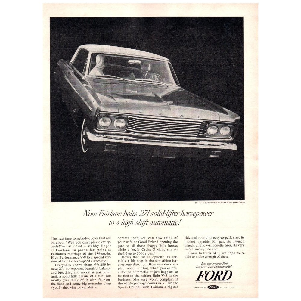 1965 Ford Fairlane 500 Sports Coupe Vintage Print Ad 271 Horsepower Classic Car